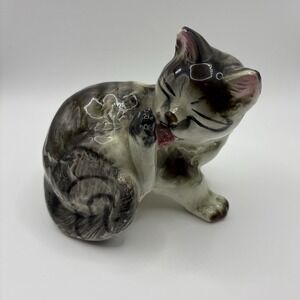Vintage Kitten Figurine Hand painted Royal Japan Cleaning Paws